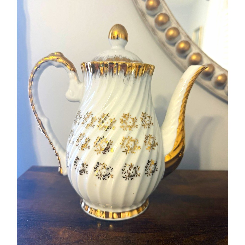 Vintage 1950s Japan Porcelain Coffee Pot Gold Floral Swirl Lidded 8"